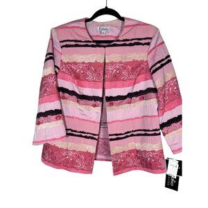 K Studio Textured Jacket 14 Pink Striped Floral Embroidery Resort Classic Preppy
